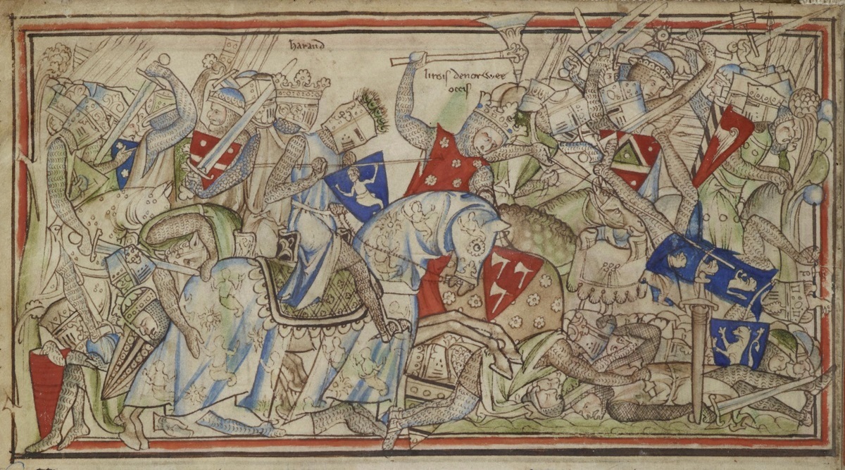 Grafika przedstawia scenę ze średniowiecznej bitwy, postacie walczących rycerzy.
